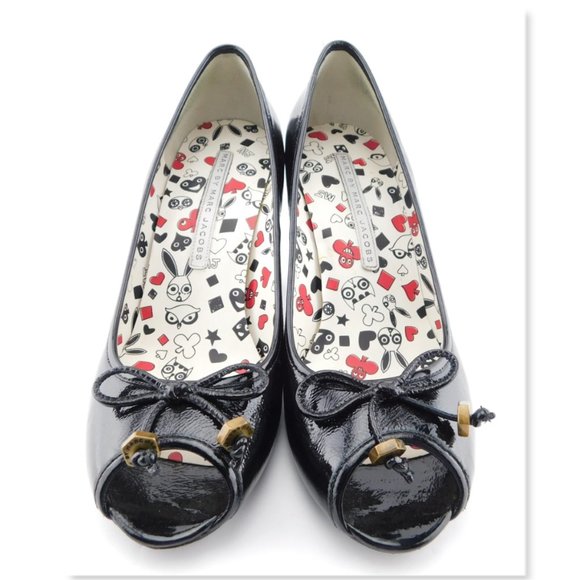 MARC JACOBS Logo Bow Black Patent Open Toe Pump 40 - Picture 2 of 8